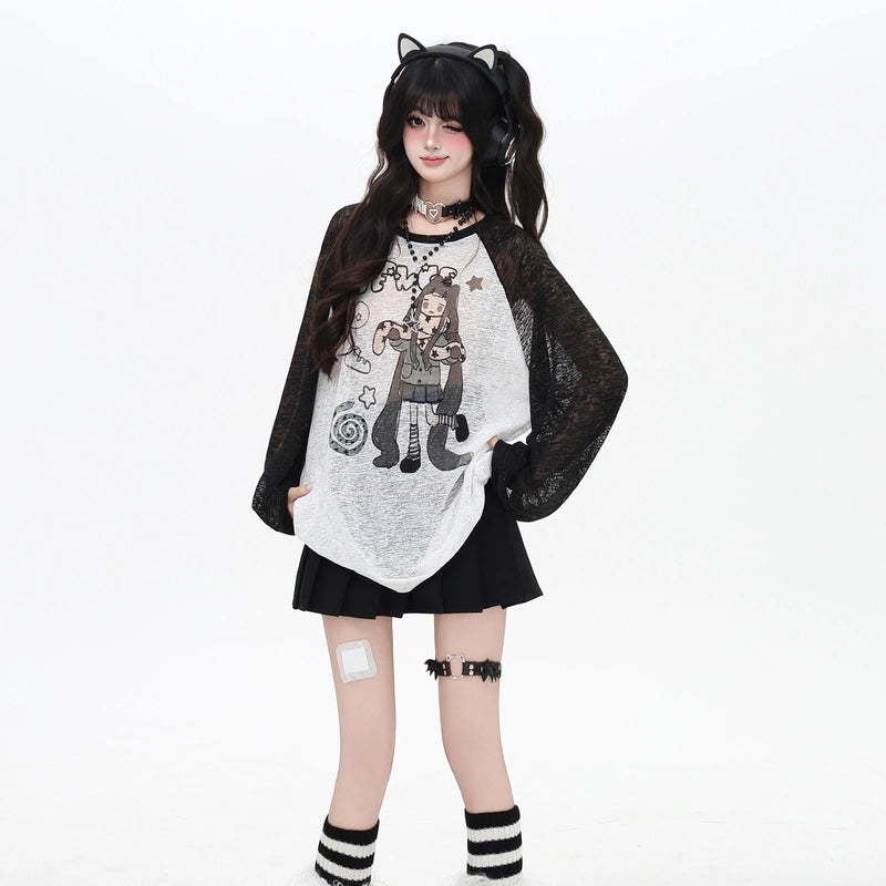 Cute Girly Style Cartoon Girl Graffiti Print Long-sleeved T-shirt