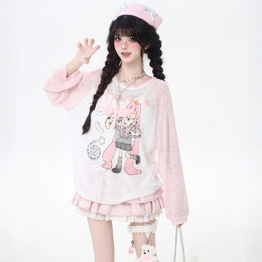 Cute Girly Style Cartoon Girl Graffiti Print Long-sleeved T-shirt