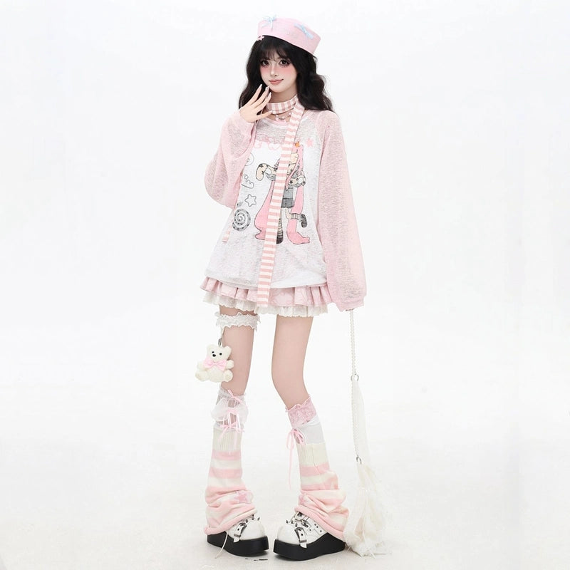 Cute Girly Style Cartoon Girl Graffiti Print Long-sleeved T-shirt