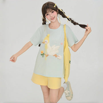 Cute Goose Patch Embroidered Oversized T-Shirt