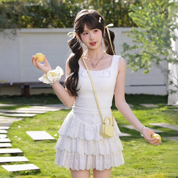 Cute Kawaii Lace Ribbed Tank Top