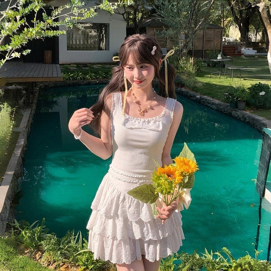 Cute Kawaii Lace Ribbed Tank Top