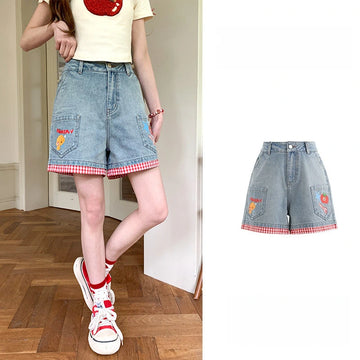 Cute Puppy Embroidered Academy Style Denim Shorts
