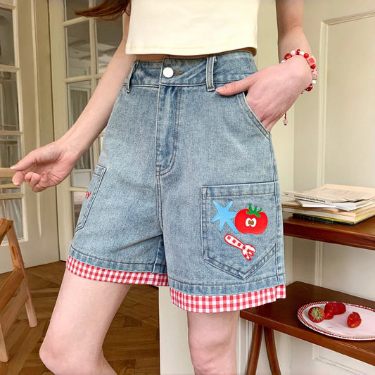 Cute Puppy Embroidered Academy Style Denim Shorts