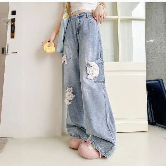 Cute Style Blue Cat Patch High Waist Wide Leg Jeans