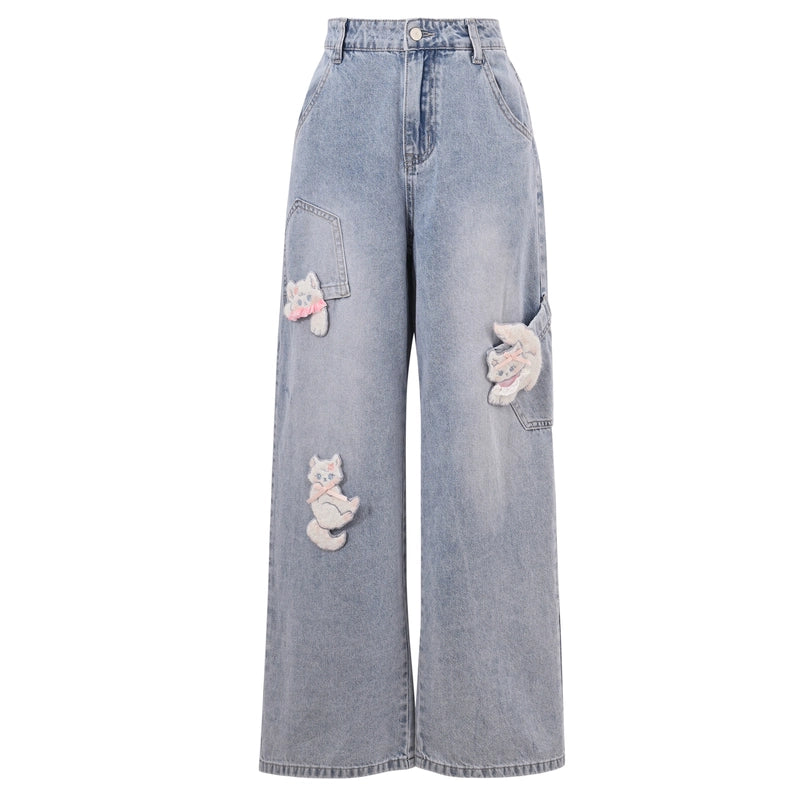 Cute Style Blue Cat Patch High Waist Wide Leg Jeans