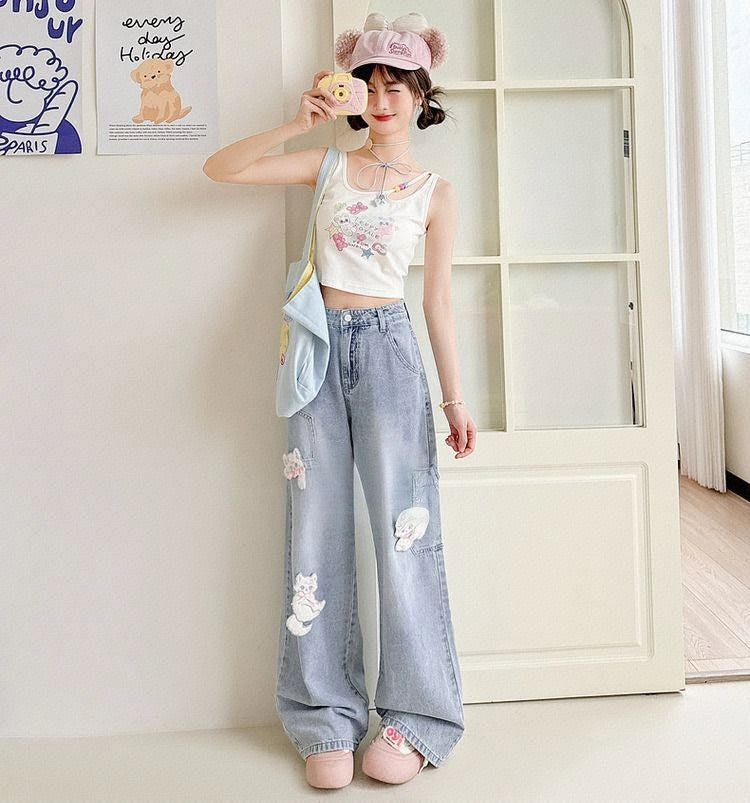 Cute Style Blue Cat Patch High Waist Wide Leg Jeans