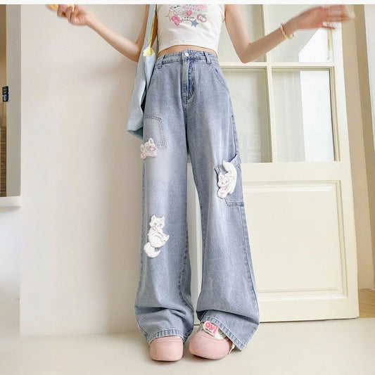 Cute Style Blue Cat Patch High Waist Wide Leg Jeans