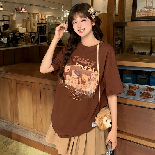 Cute Style Brown Cartoon Bear Print T-shirt