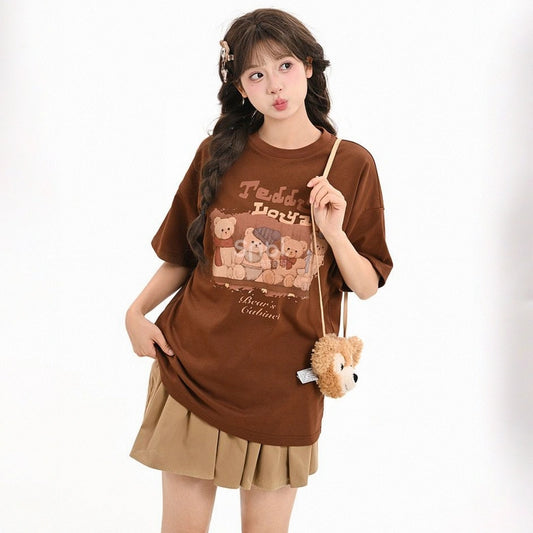 Cute Style Brown Cartoon Bear Print T-shirt