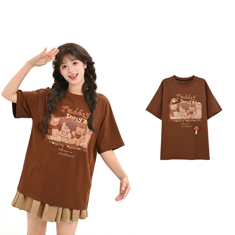 Cute Style Brown Cartoon Bear Print T-shirt