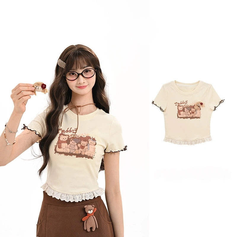 Cute Style Brown Cartoon Bear Print T-shirt