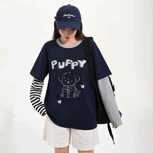 Cute girly style Puppy Patch Long-Sleeved T-shirt