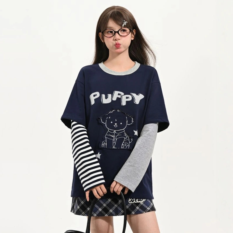 Cute girly style Puppy Patch Long-Sleeved T-shirt