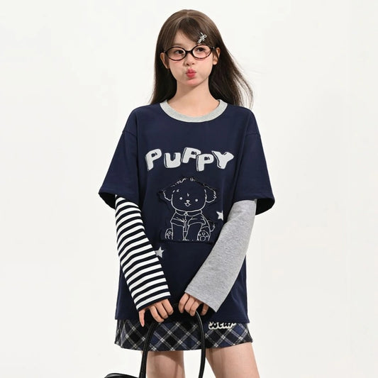 Cute girly style Puppy Patch Long-Sleeved T-shirt