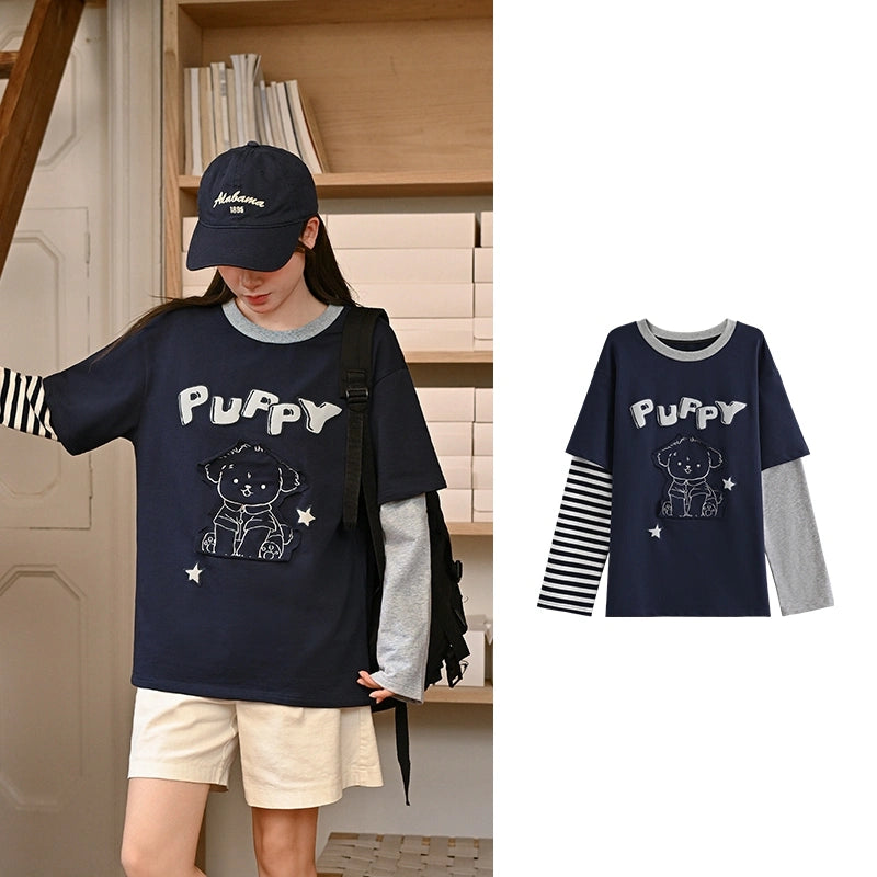 Cute girly style Puppy Patch Long-Sleeved T-shirt