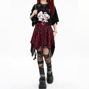 Dark Punk Style Black And Red Plaid Irregular Skirt