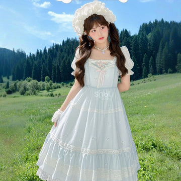 French Sweet Style Blue Embroidered Lolita Dress