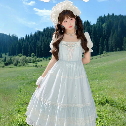French Sweet Style Blue Embroidered Lolita Dress
