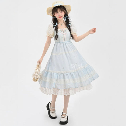 French Sweet Style Blue Embroidered Lolita Dress
