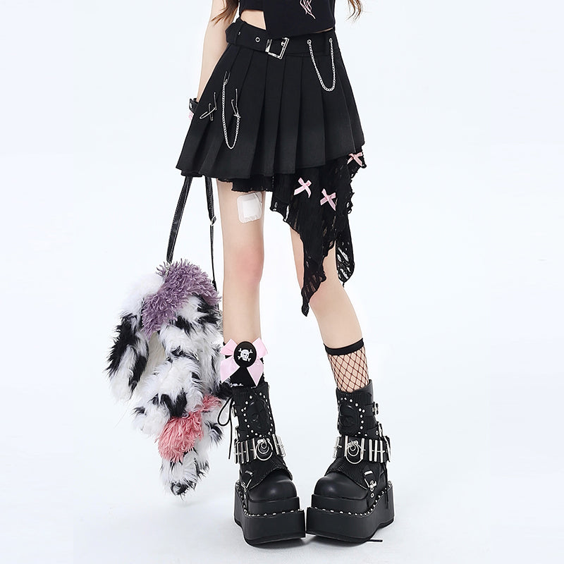 Gothic Style Black Irregular Design Pleated Skirt