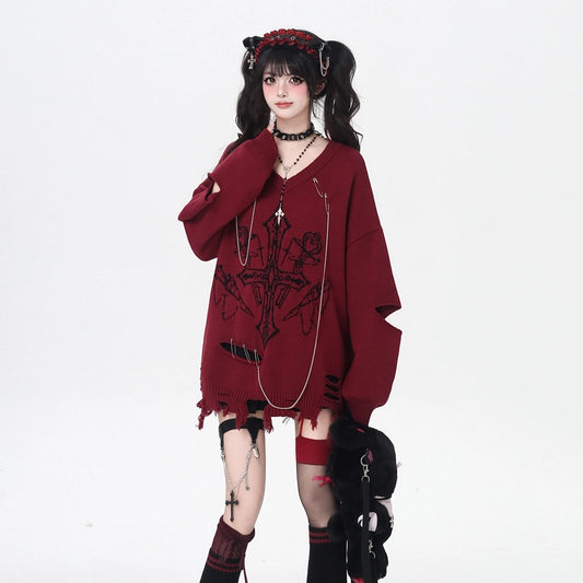 Gothic Style V-Neck Loose Sweater