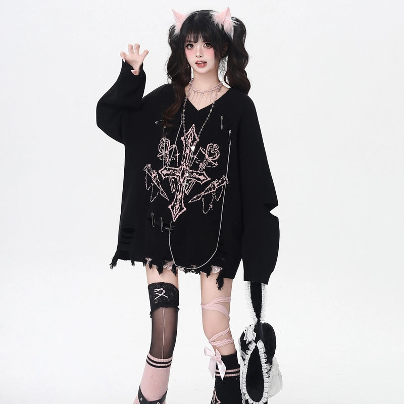 Gothic Style V-Neck Loose Sweater