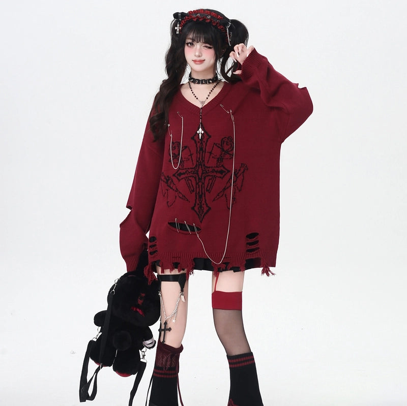Gothic Style V-Neck Loose Sweater
