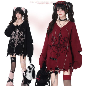 Gothic Style V-Neck Loose Sweater