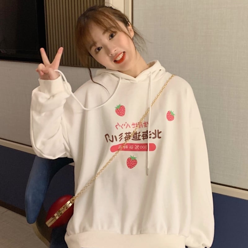 Harajuku Kawaii Strawberry Milk Graphic Sweatshirt Hoodie Women Streetwear Winter Plus Size Women Loose Thin Hoodie Cute The drawstring hood adds charm and a large kangaroo pouch front pocket is practical and cozy! Slightly bigger fit for a "one size" item. One size fits most kawaii cuties size Small to Extra Large best. Package Includes: 1 * Harajuku Sweatshirt Hoodie