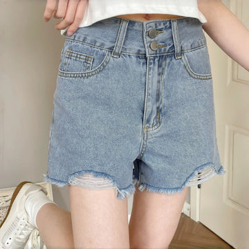 High Waisted Distressed Denim Shorts for Women Casual Light Blue Summer Hot Pants