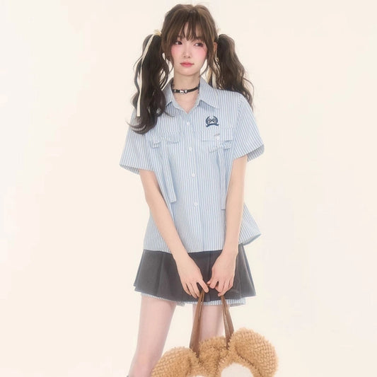 Japanese College Style Blue Striped Short-sleeved Blouse