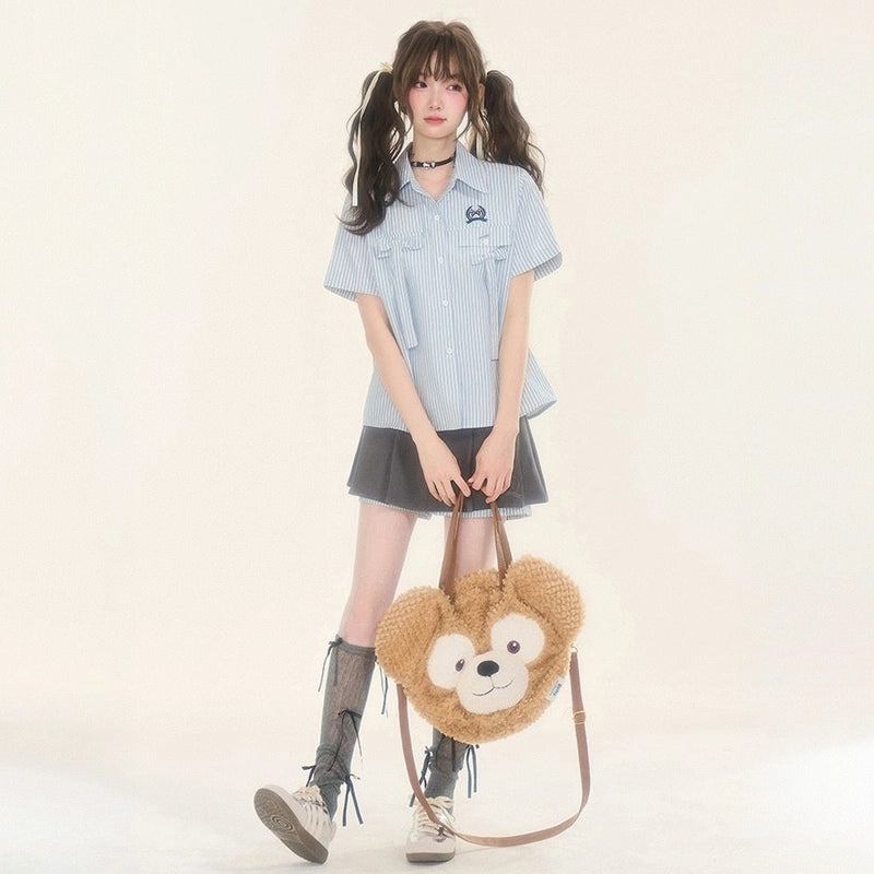 Japanese College Style Blue Striped Short-sleeved Blouse