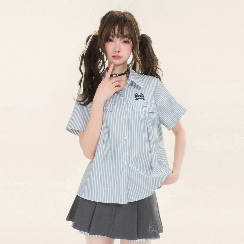 Japanese College Style Blue Striped Short-sleeved Blouse