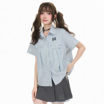 Japanese College Style Blue Striped Short-sleeved Blouse