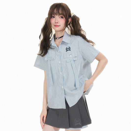 Japanese College Style Blue Striped Short-sleeved Blouse