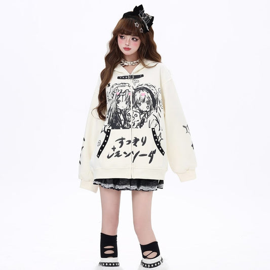 Japanese Dark Style Cartoon Comic Print Hooded Coat