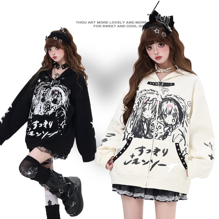 Japanese Dark Style Cartoon Comic Print Hooded Coat