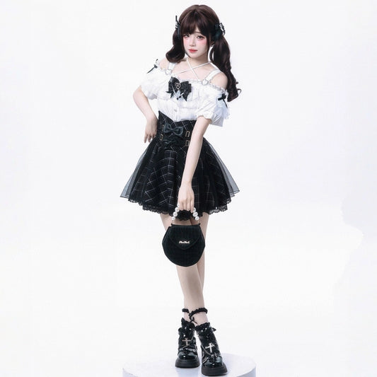 Japanese Jirai Kei Style Black White Plaid Skirt