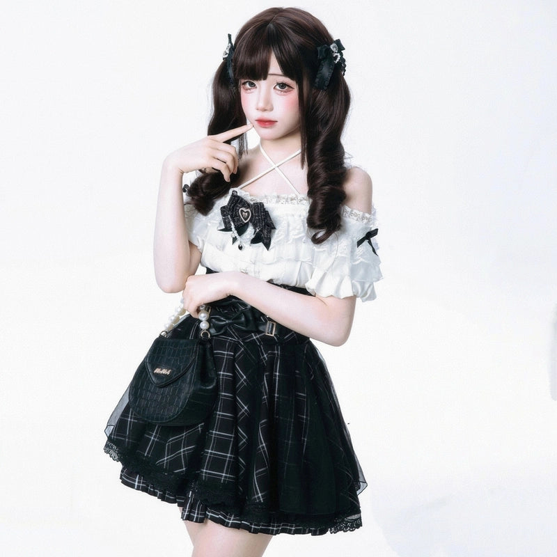 Japanese Jirai Kei Style Black White Plaid Skirt