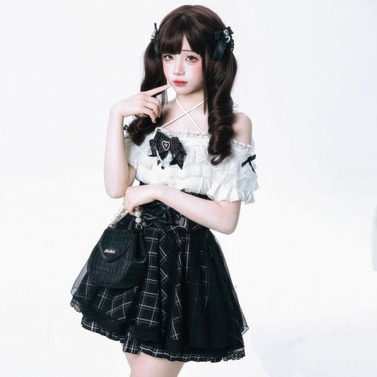 Japanese Jirai Kei Style Black White Plaid Skirt