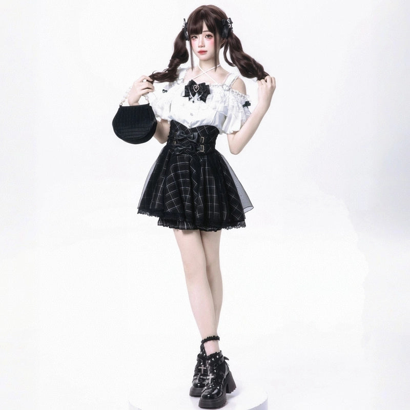 Japanese Jirai Kei Style Black White Plaid Skirt