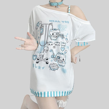 Japanese Jirai Kei Style Off-shoulder Cartoon Print Loose T-shirt