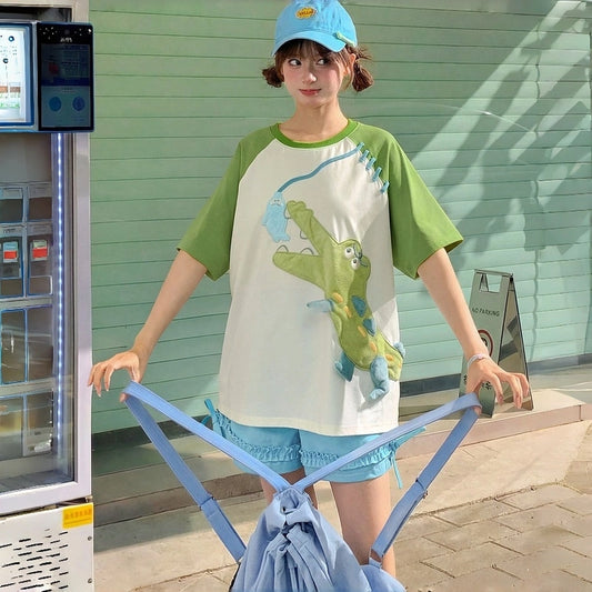 Kawaii 3D Crocodile Patch Raglan T-Shirt