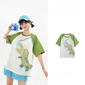 Kawaii 3D Crocodile Patch Raglan T-Shirt