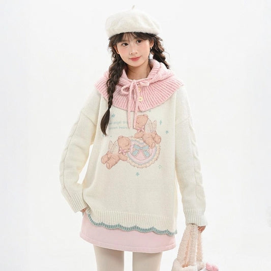 Kawaii Angel Bear Embroidered Round Neck Sweater