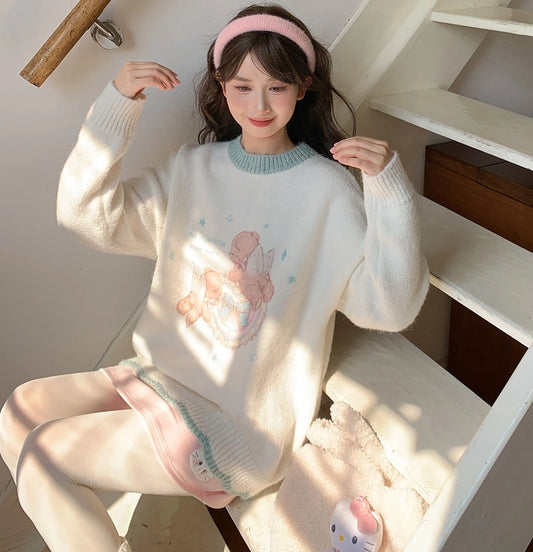 Kawaii Angel Bear Embroidered Round Neck Sweater