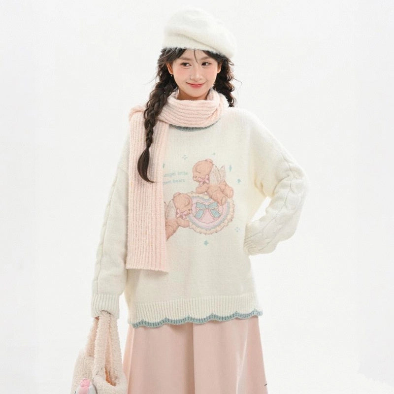 Kawaii Angel Bear Embroidered Round Neck Sweater