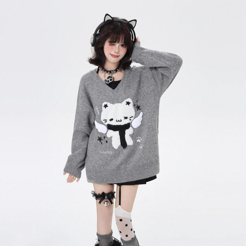 Kawaii Angel Cat Embroidered V-Neck Sweater