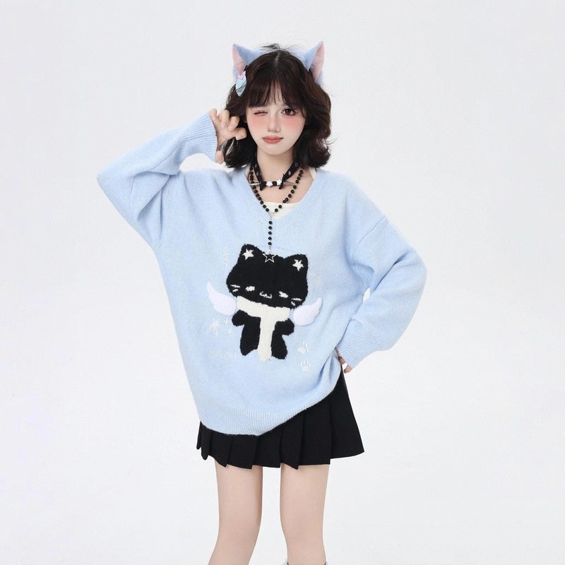 Kawaii Angel Cat Embroidered V-Neck Sweater